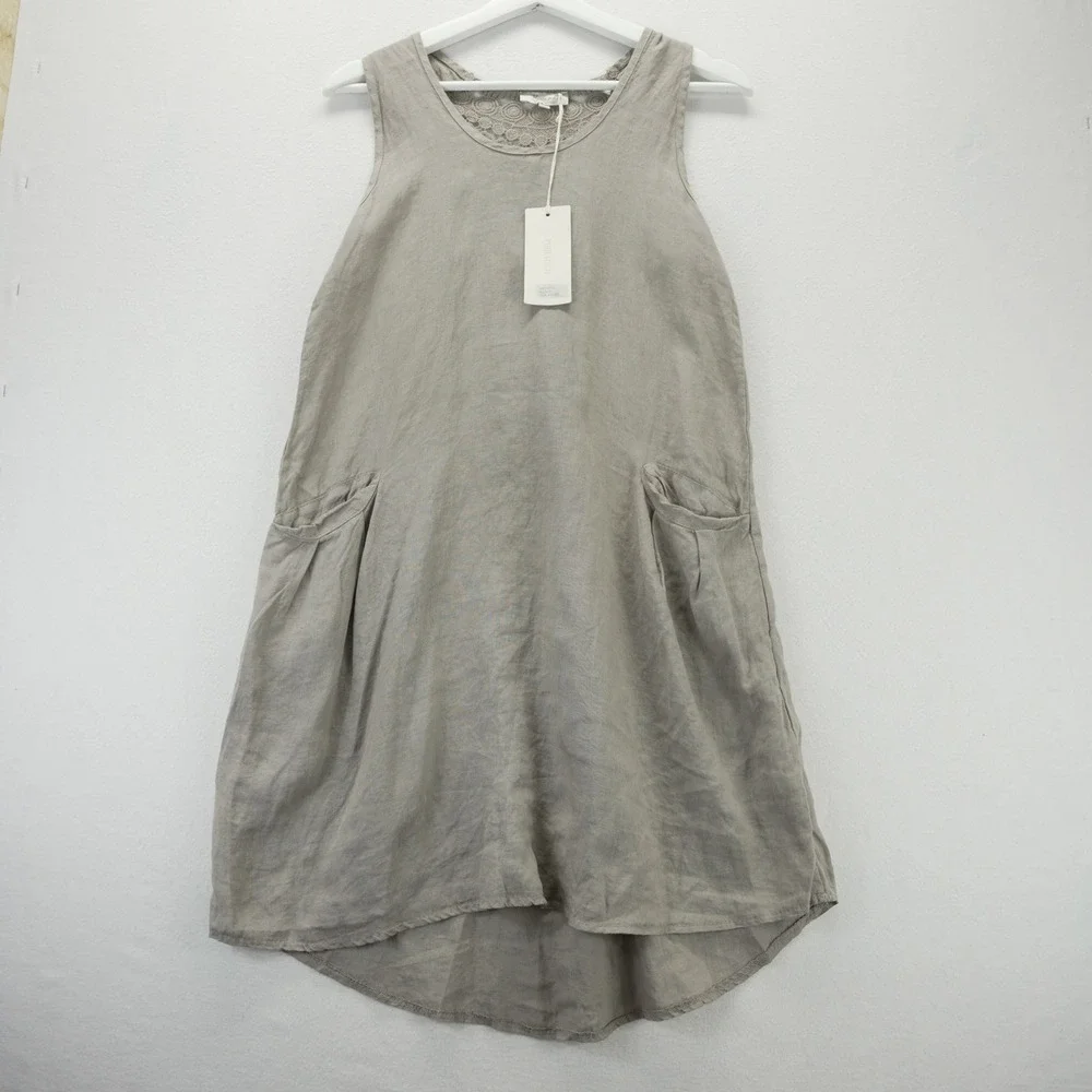 Bellambra Italy Linen Crochet Lace Shift Dress Tan Beige Sleeveless NWT Small - Picture 1 of 9